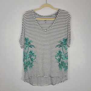 New York & Company Top Womens Size XL Gray Green Striped Tree Print Short Sleeve
